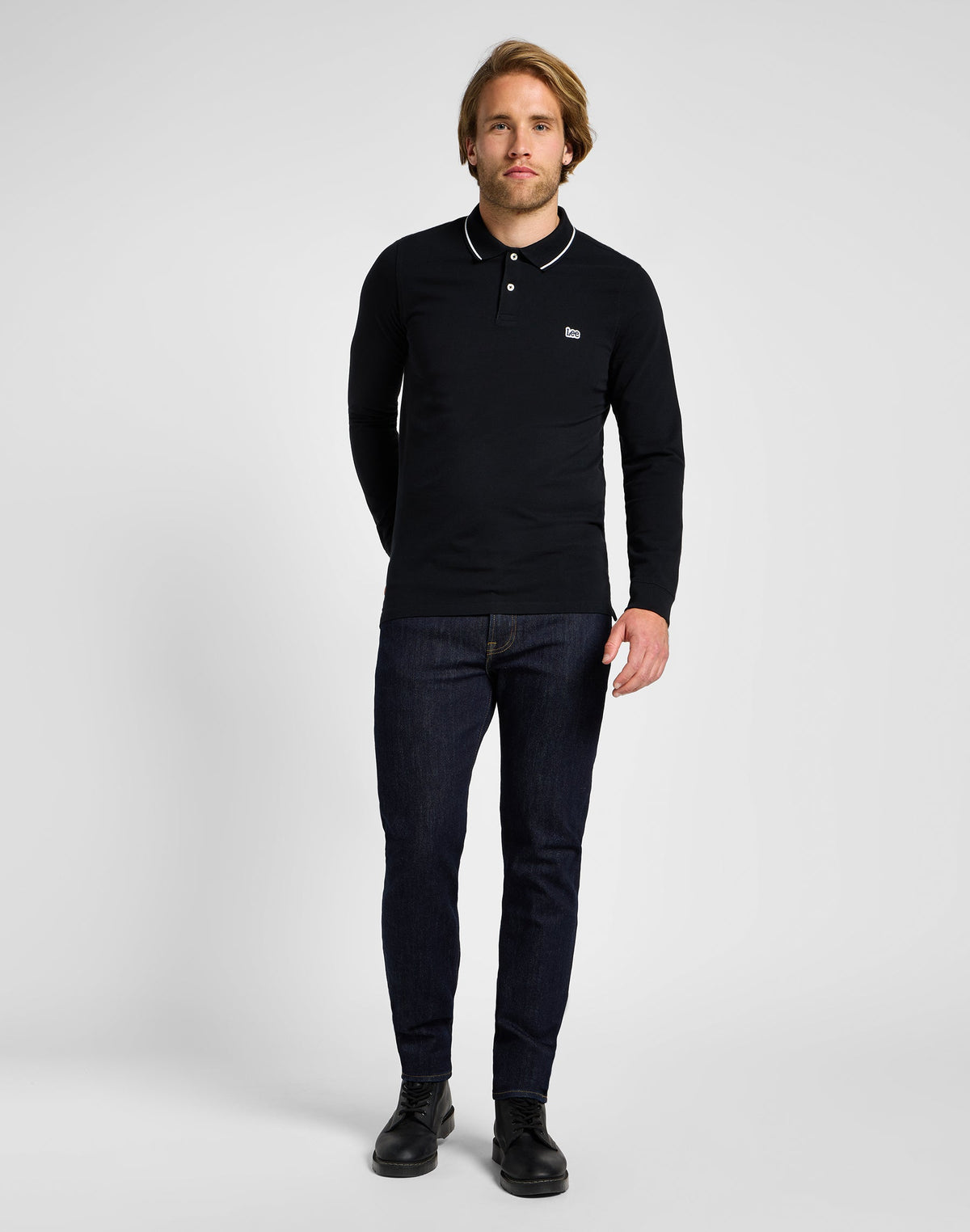 Langarm Pique Polo in Black Black