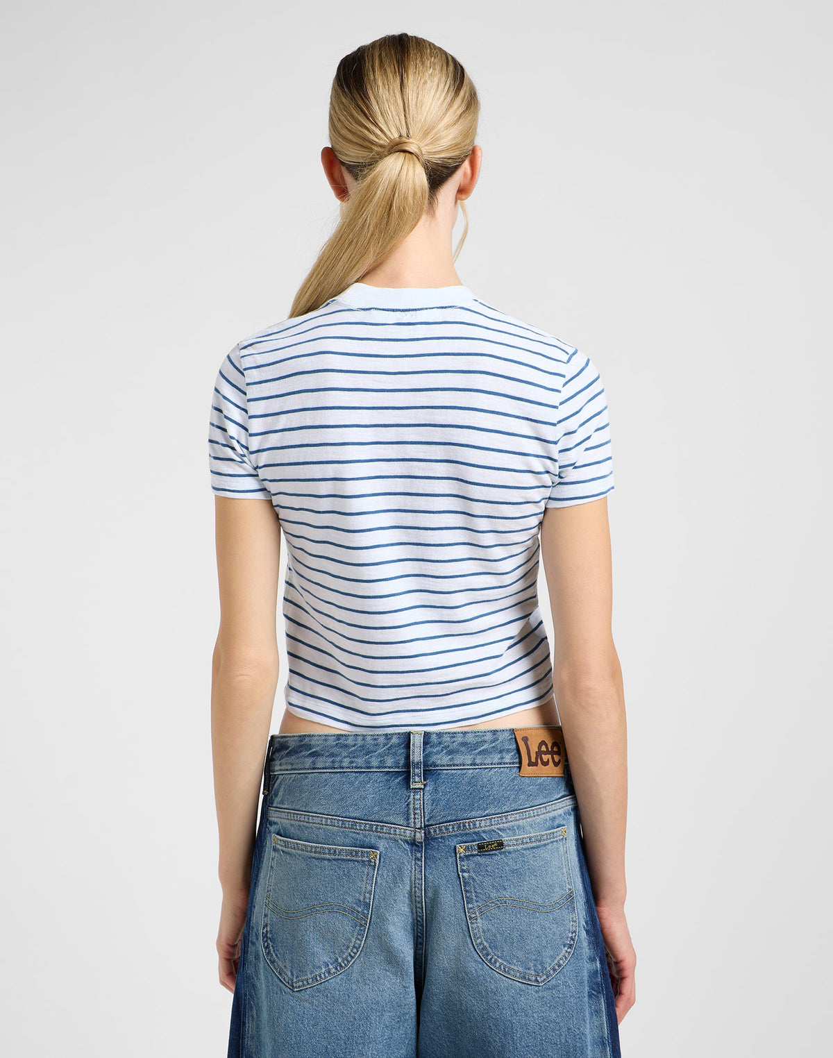 Cropped Tee in White Indigo Stripe