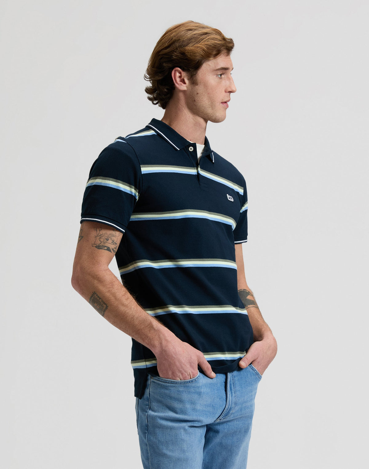 Pique Polo in Lime Ice Navy Stripe