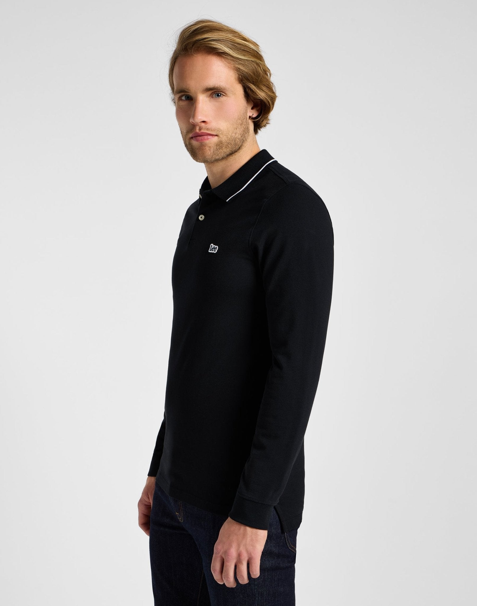 Langarm Pique Polo in Black Black