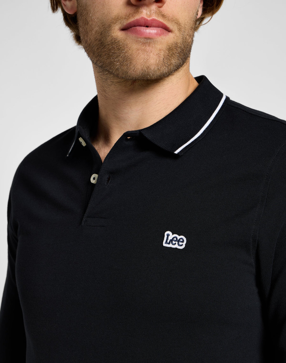 Langarm Pique Polo in Black Black