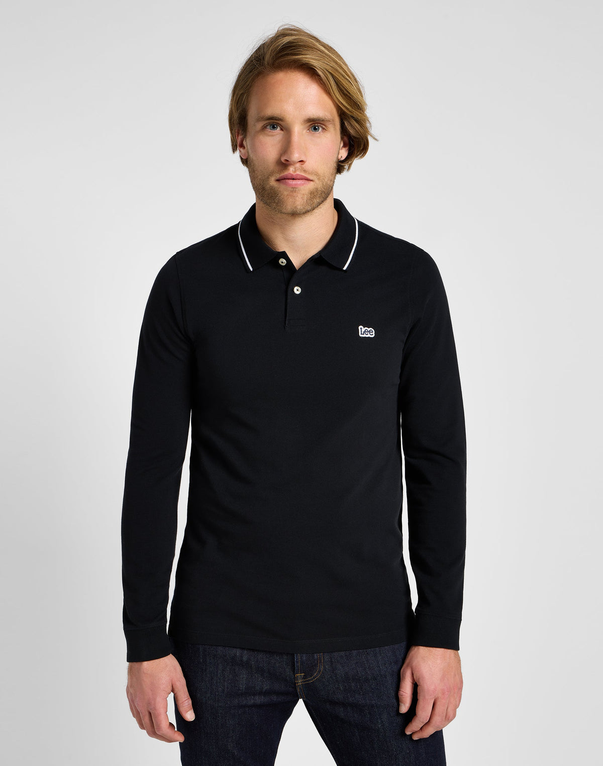 Langarm Pique Polo in Black Black