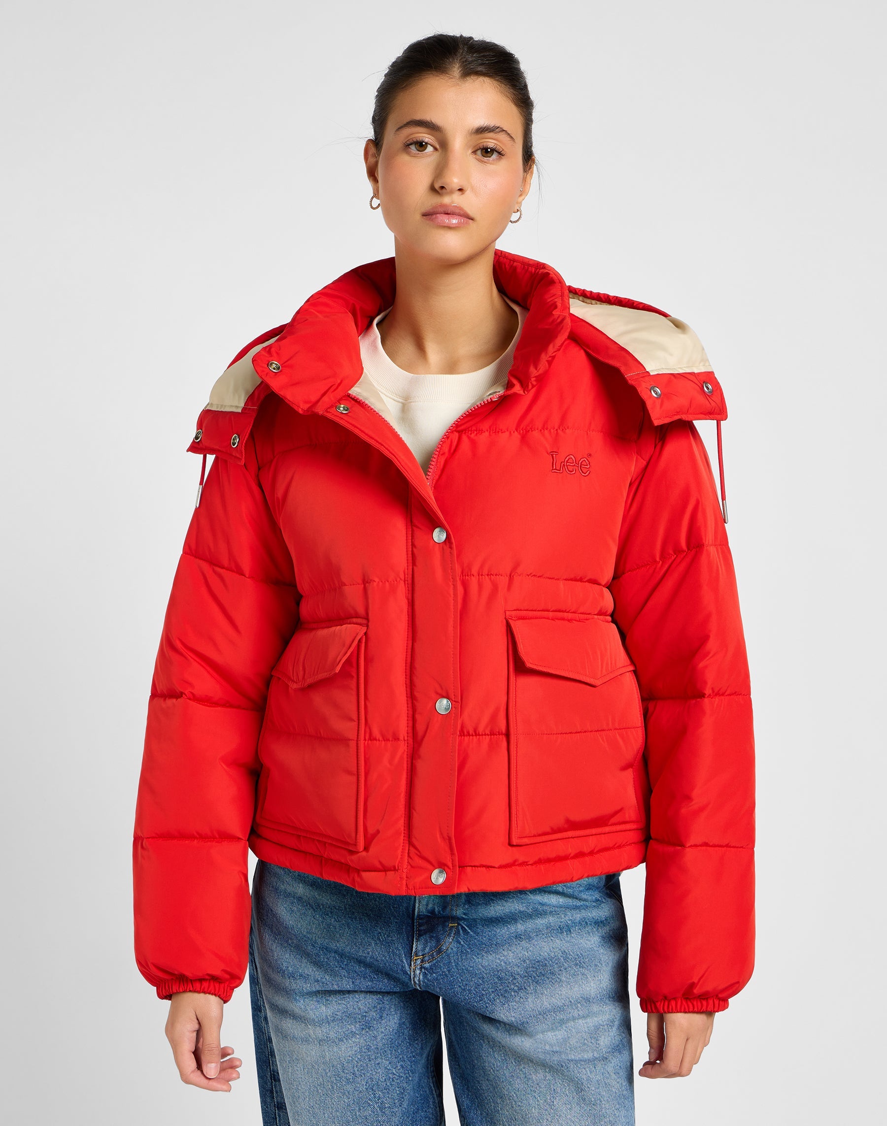Hooded Short Puffer in True Red