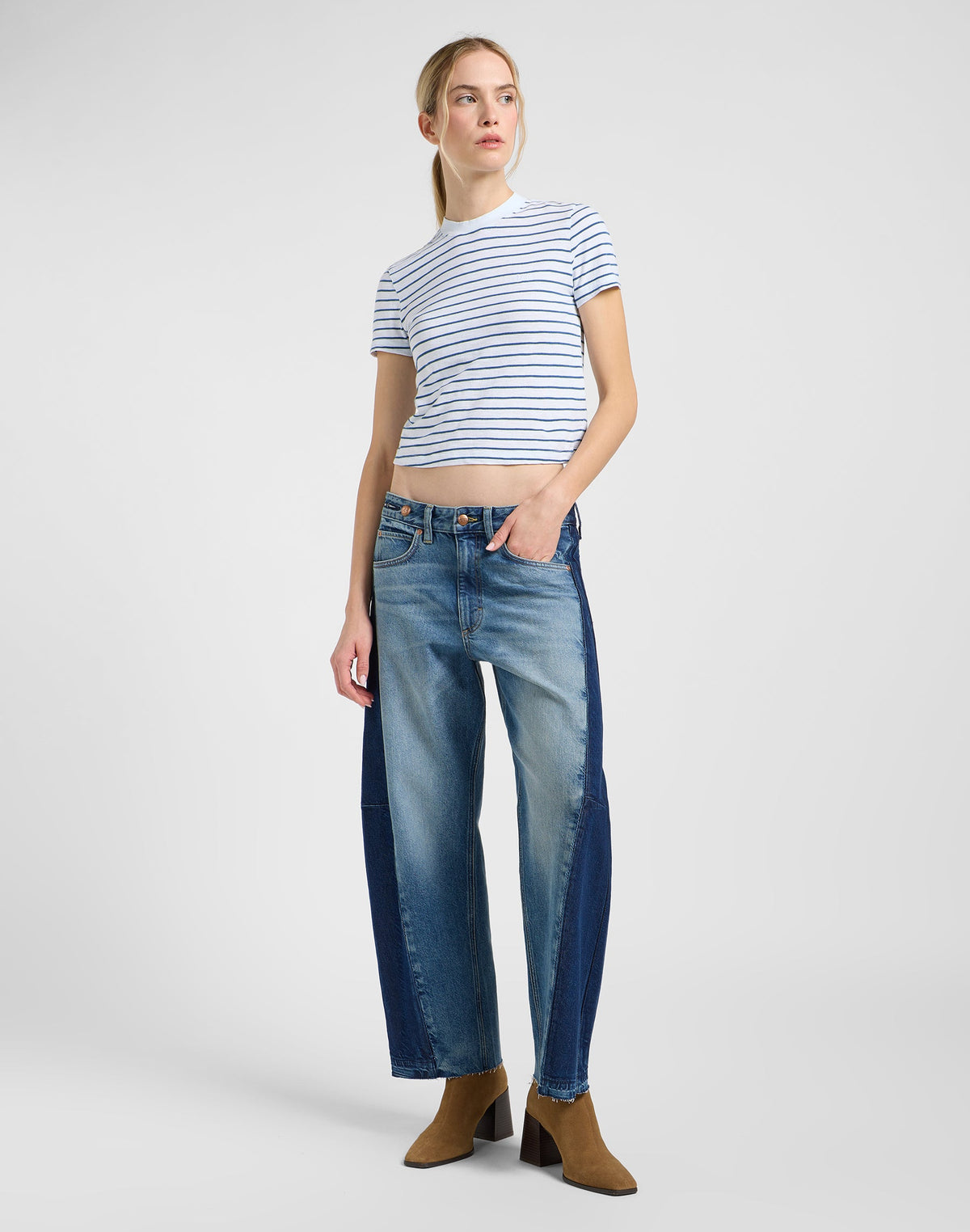 Cropped Tee in White Indigo Stripe