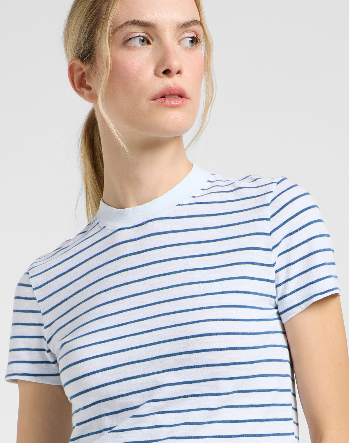 Cropped Tee in White Indigo Stripe