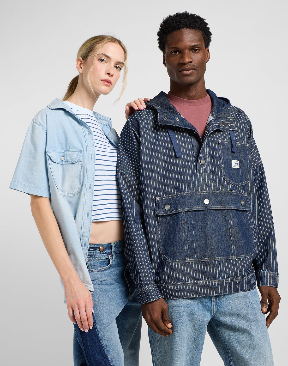 Cropped Tee in White Indigo Stripe
