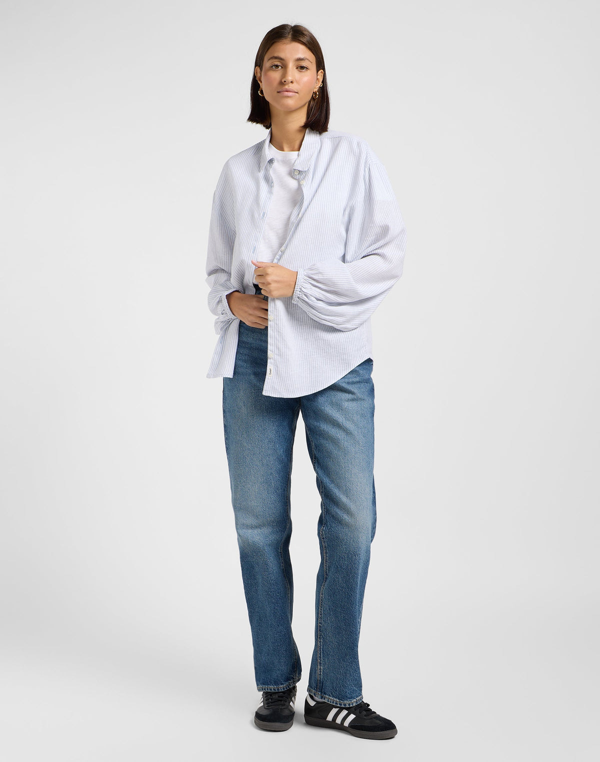 Blouse With Tie Front in Concrete Pinstripe