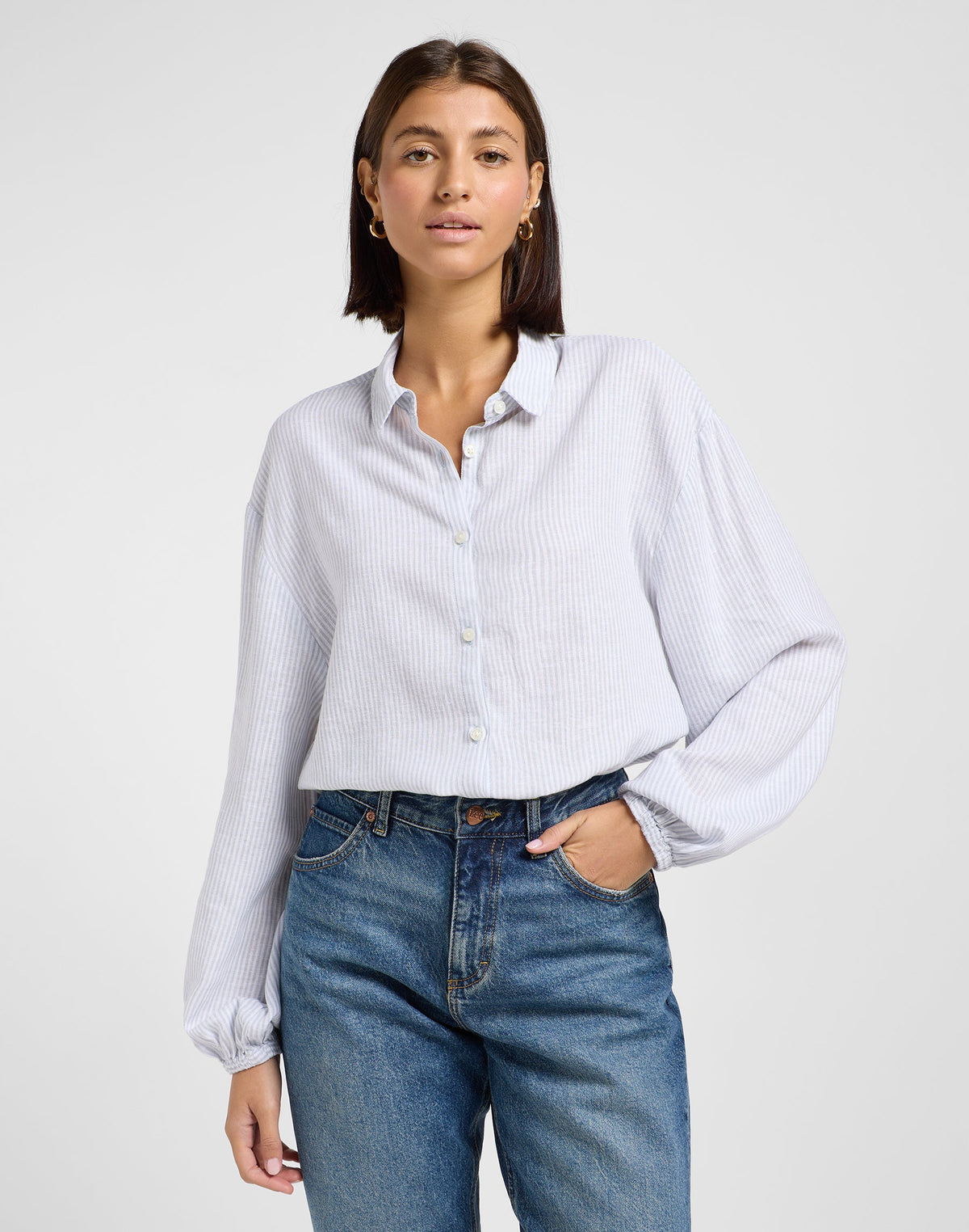 Blouse With Tie Front in Concrete Pinstripe