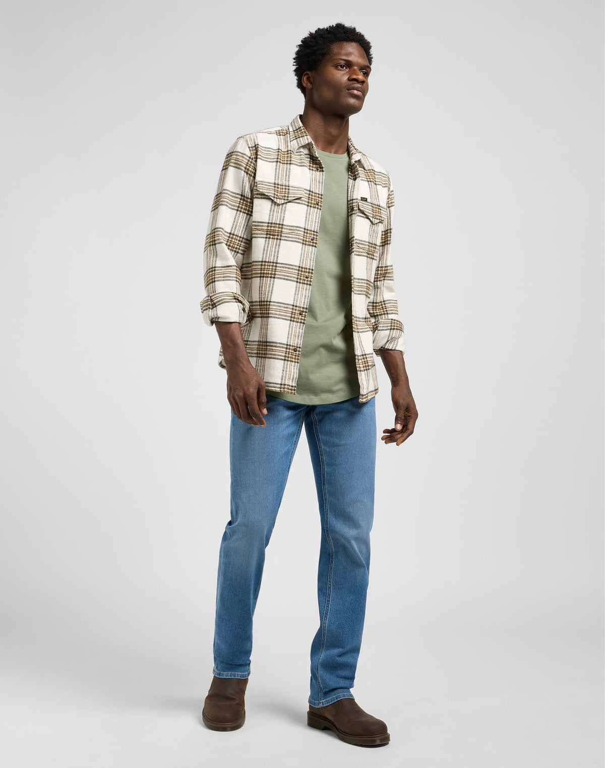 Clean Western Shirt in Ecru Ochre Plaid