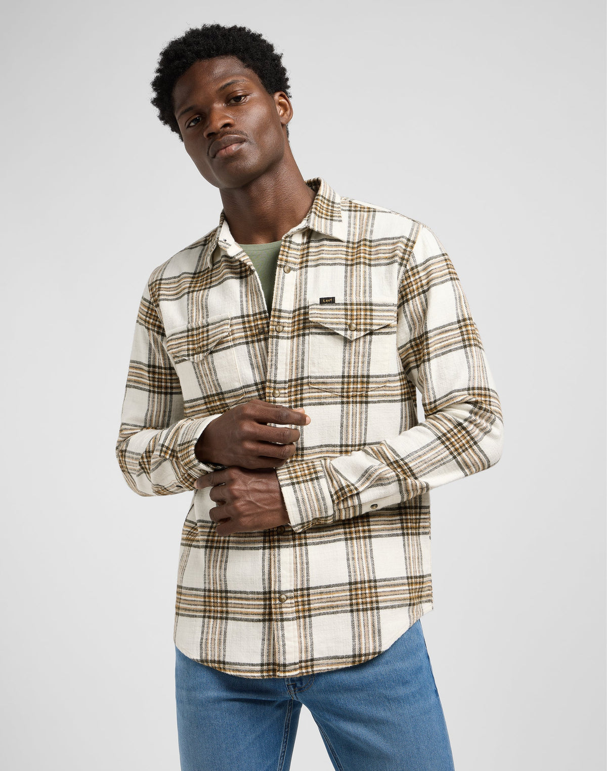 Clean Western Shirt in Ecru Ochre Plaid