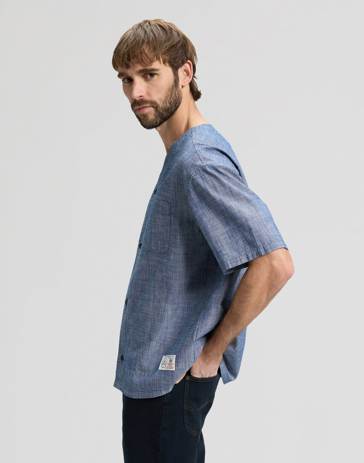 Baseball Tee With Pocket in Light Wash Chambray