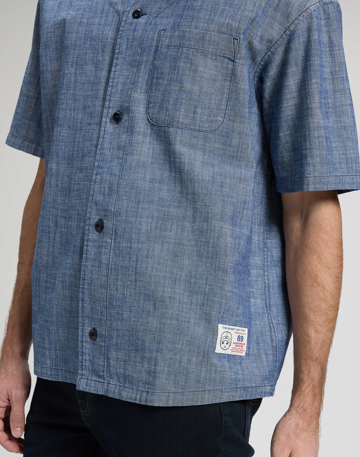 Baseball Tee With Pocket in Light Wash Chambray
