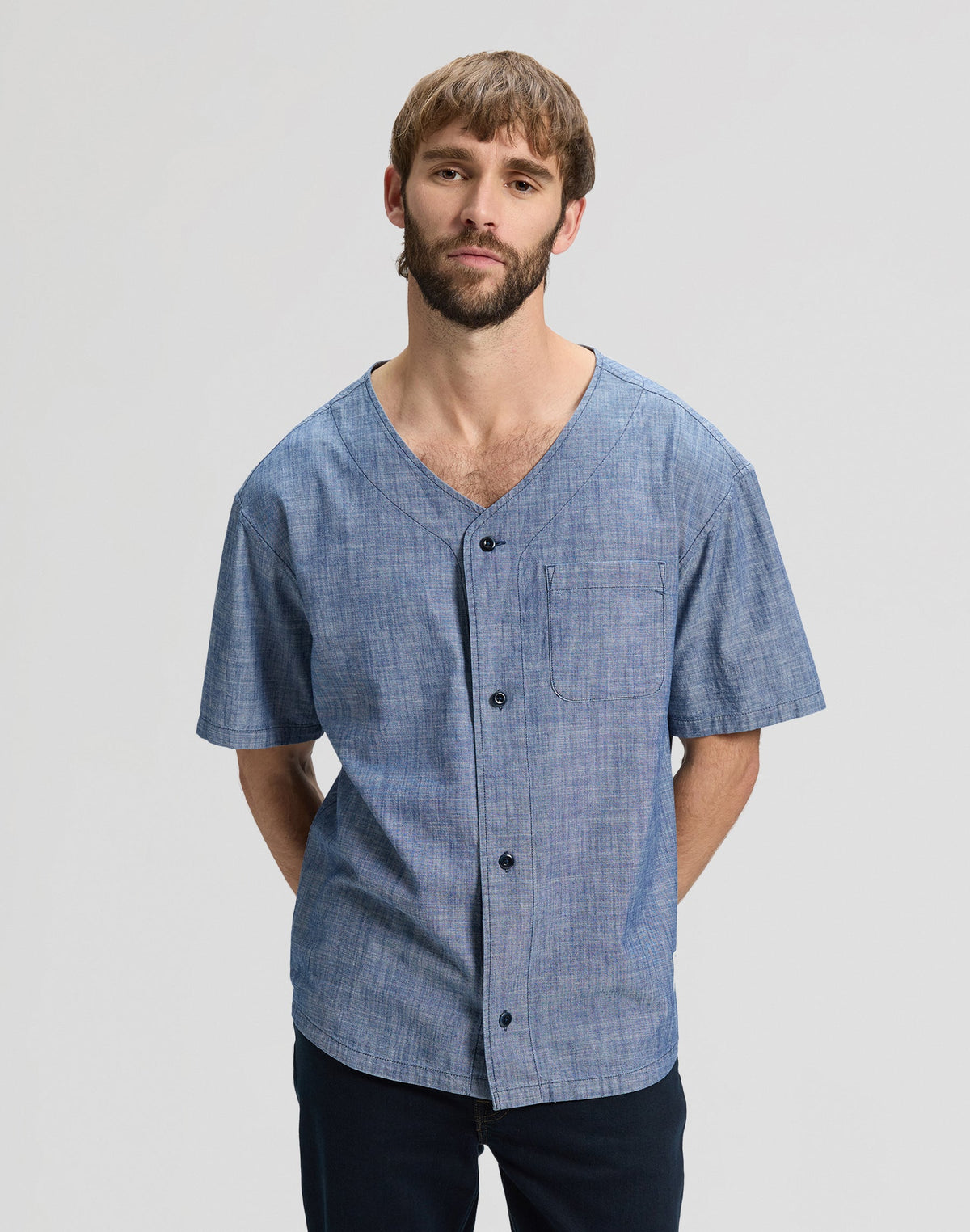 Baseball Tee With Pocket in Light Wash Chambray